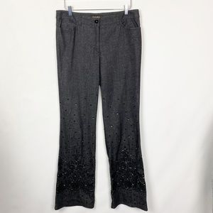 Escada Embroidered Beaded Black Denim Wide Leg Pant 42